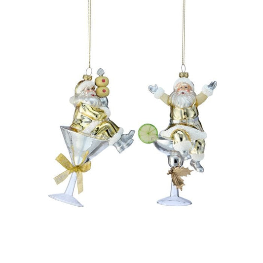 Two Santa Claus martini glass Christmas ornaments in gold and silver, hanging display