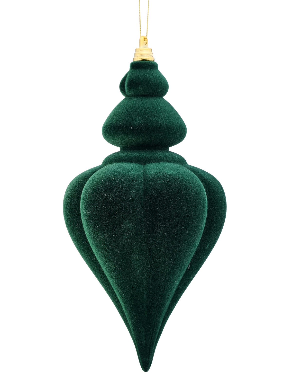 Flocked emerald green finial ornament with tiered top and teardrop body, hanging from gold cap