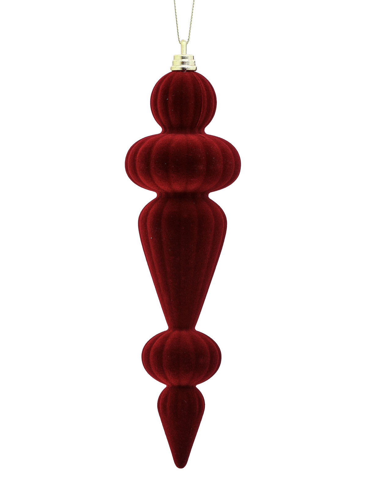 Flocked burgundy finial Christmas ornament with ribbed multi-section design and gold cap, hanging view