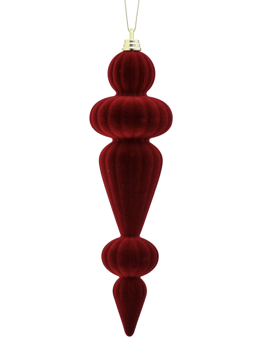 Flocked burgundy finial Christmas ornament with ribbed multi-section design and gold cap, hanging view