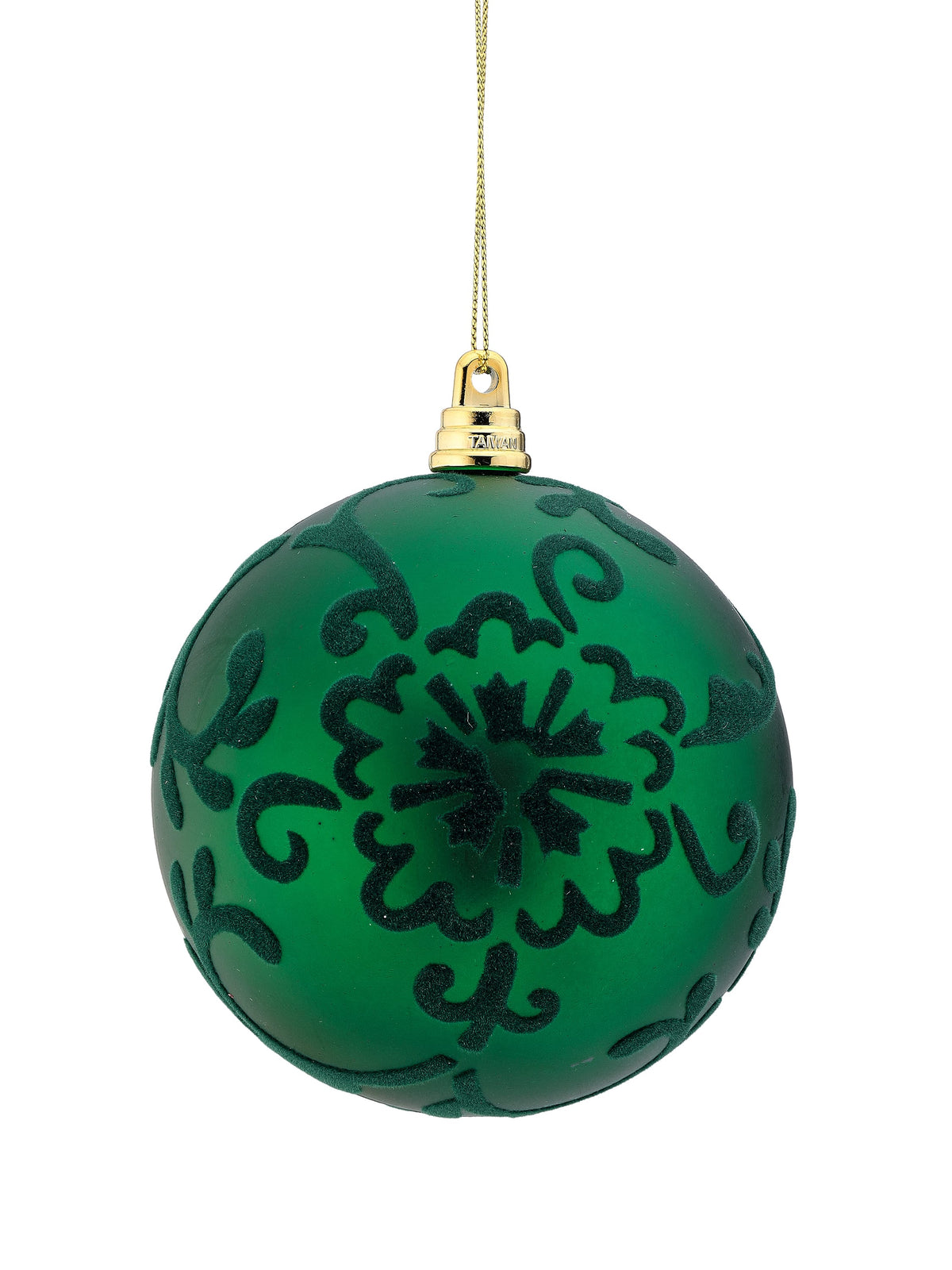 Round green ball ornament with dark flocked scroll damask pattern and gold hanging cap