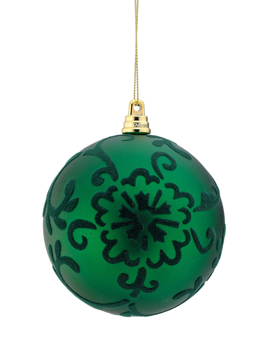 Round green ball ornament with dark flocked scroll damask pattern and gold hanging cap