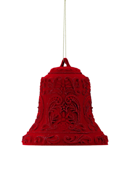 Red flocked bell ornament with intricate glitter scrollwork and floral relief designs, hanging view
