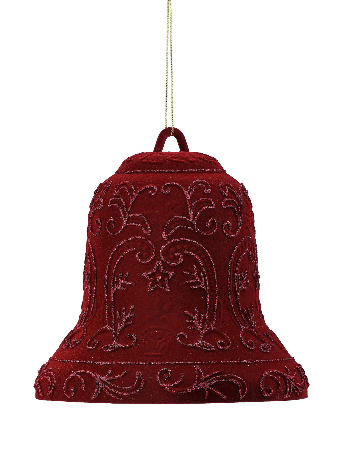 Large red flocked bell ornament with glitter scroll and star designs, hanging by gold cord