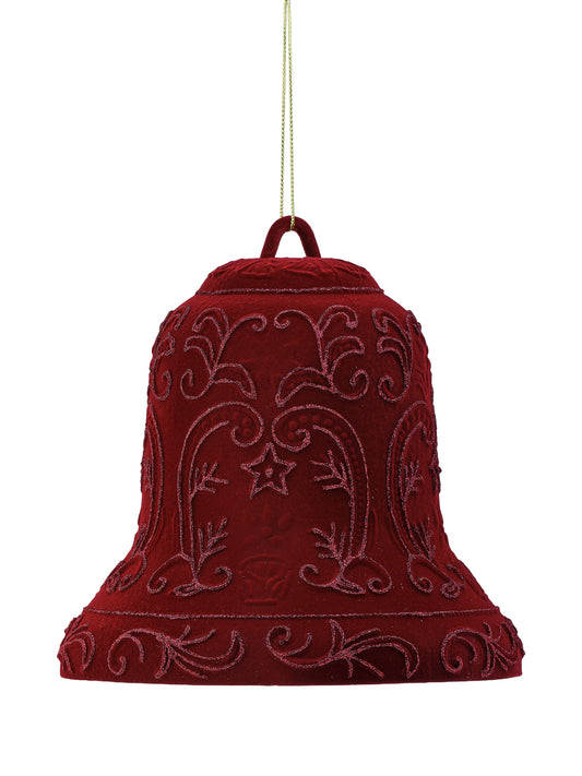Large red flocked bell ornament with glitter scroll and star designs, hanging by gold cord