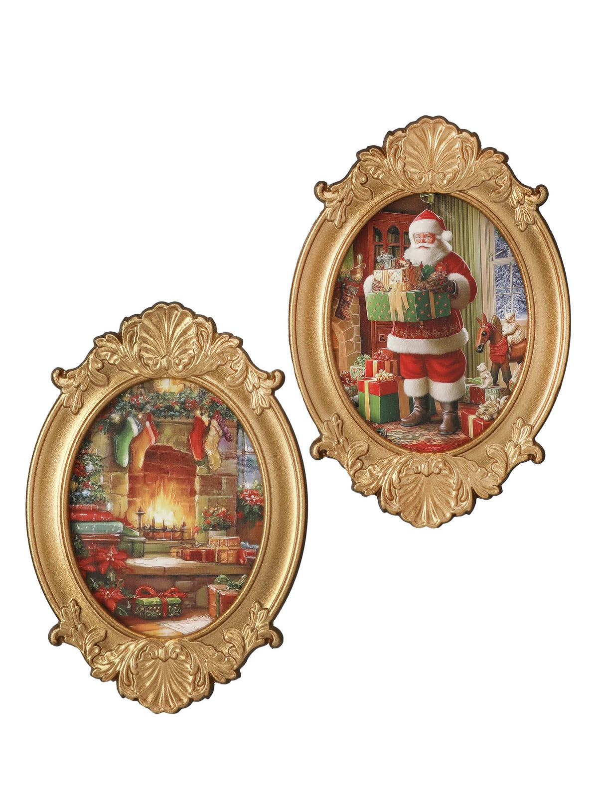 Two ornate gold oval frames featuring Christmas Eve fireplace scene and Santa with gifts