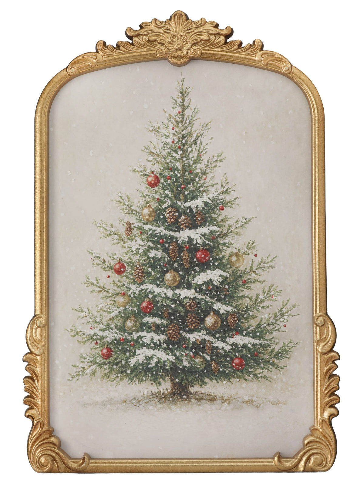 Ornate gold baroque-framed wall art featuring a snow-dusted Christmas tree with red and gold ornaments