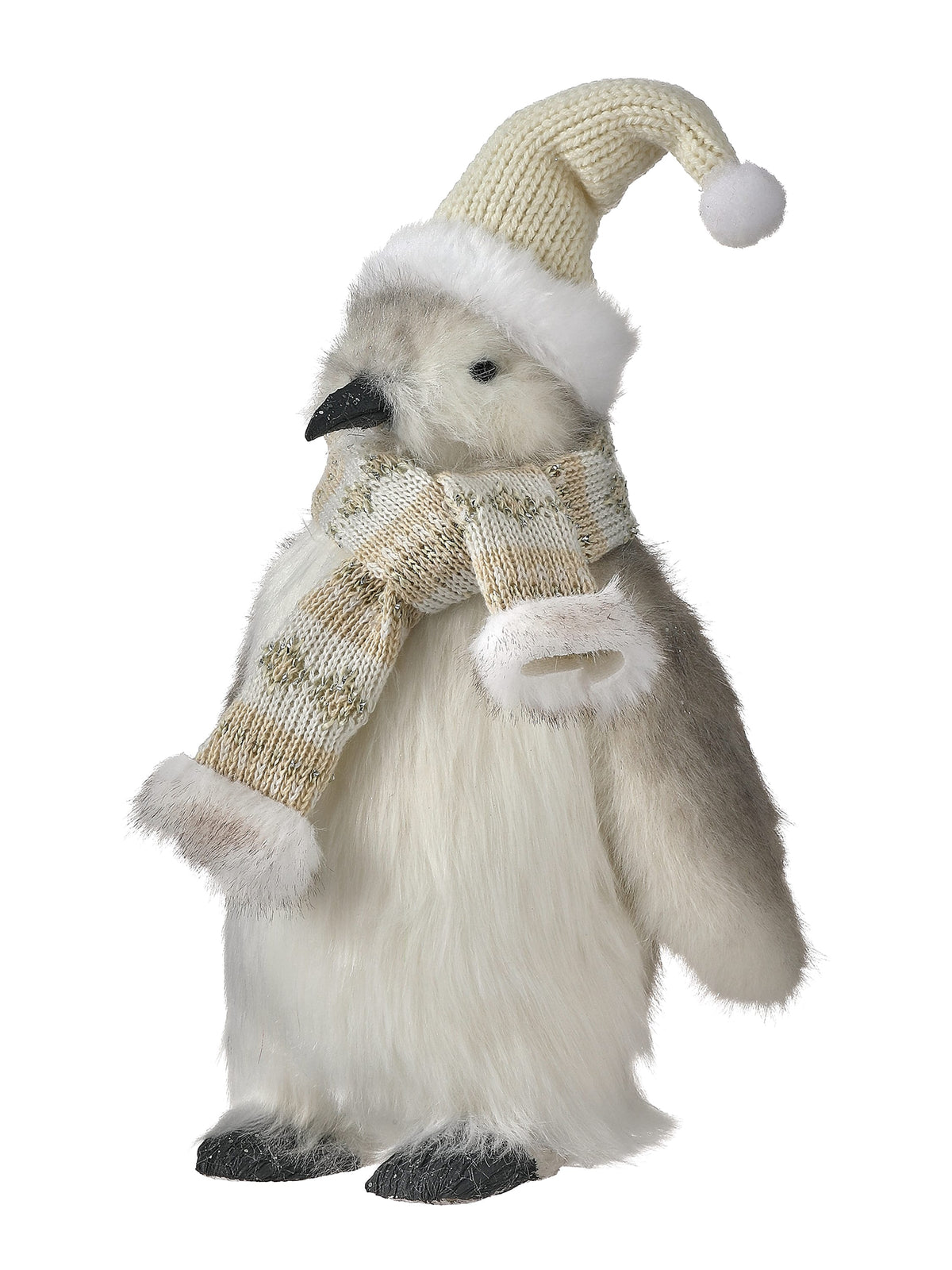 Standing faux fur penguin figurine wearing a knit Santa hat and patterned scarf, front angle view