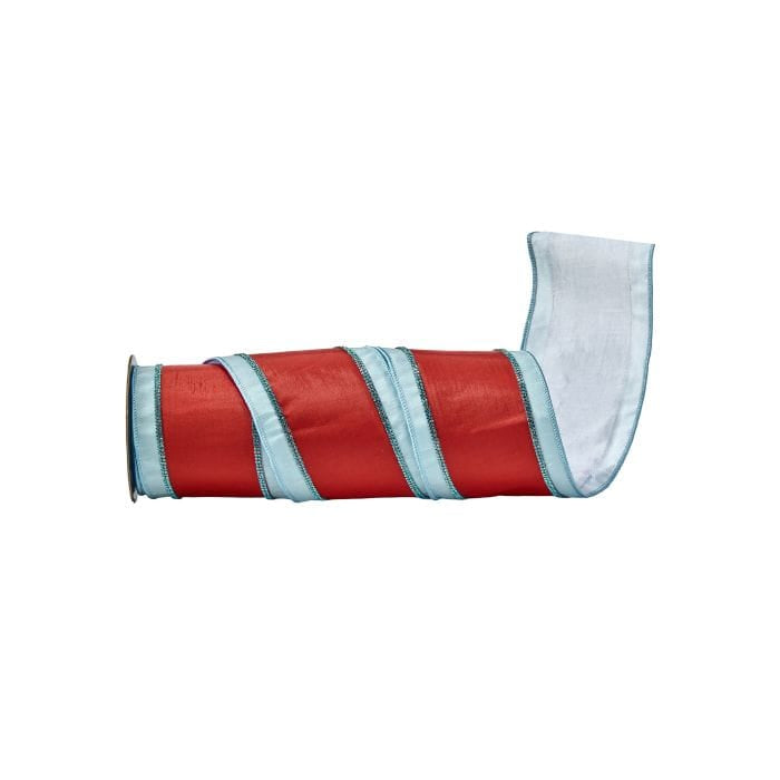 Wide wired ribbon roll with red and light blue diagonal candy stripes, partially unrolled