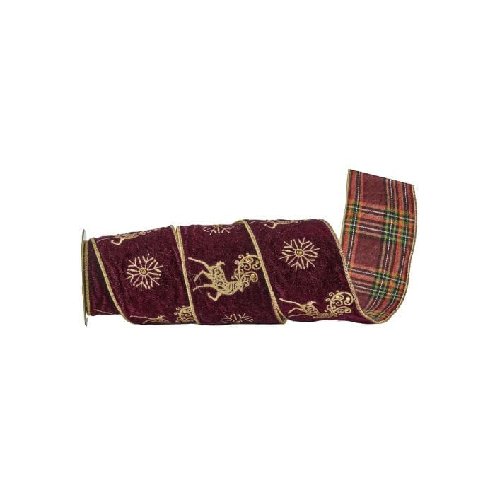 Rolled wired ribbon with burgundy velvet embroidered deer and snowflakes, plaid reverse side visible