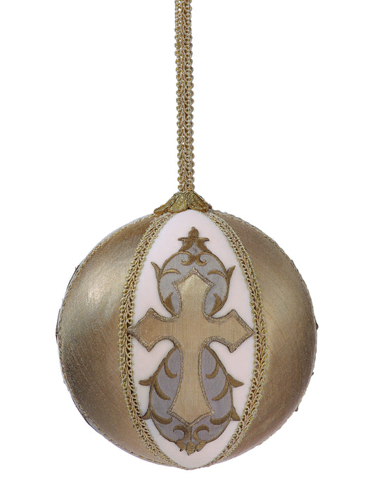 Round fabric ball ornament with embroidered gold cross on ivory velvet panel, hanging via gold cord