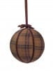Brown plaid velvet ball Christmas ornament with gold hanging loop