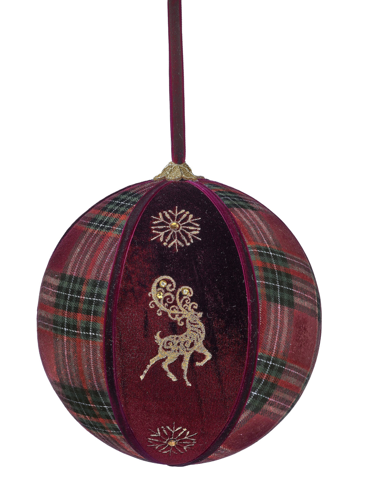 Round fabric ball ornament with plaid pattern and velvet panel featuring gold embroidered reindeer and snowflakes