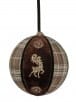 Brown plaid velvet ball ornament with gold deer silhouette embellishment