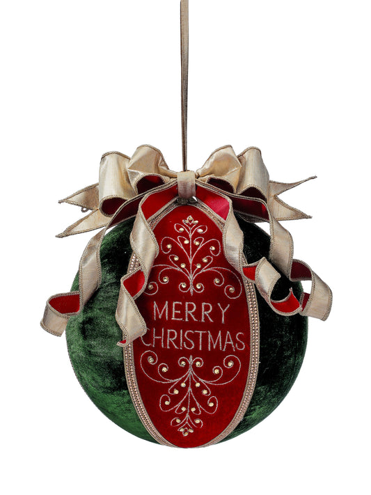 Large velvet ball ornament with 'Merry Christmas' embroidered red panel and gold bow