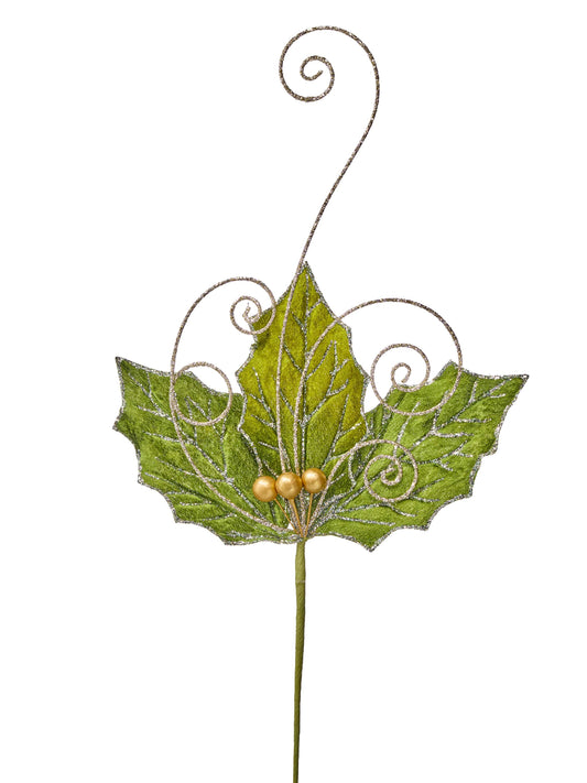 Decorative holly leaf stem pick with glitter wire scrolls and three gold berries on a single stem