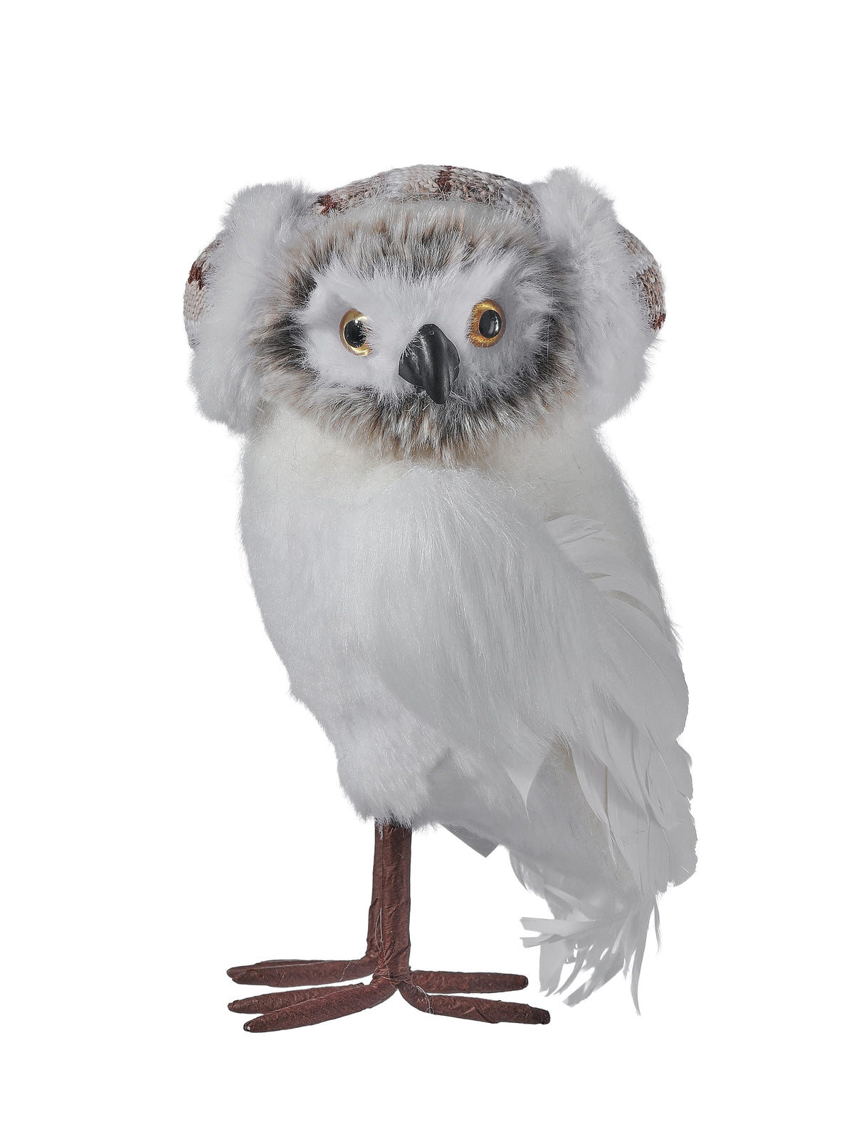 Decorative owl figurine with white feathers, gold glass eyes, and brown wire legs, front view