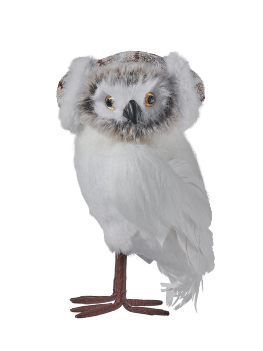 Decorative owl figurine with white feathers, gold glass eyes, and brown wire legs, front view