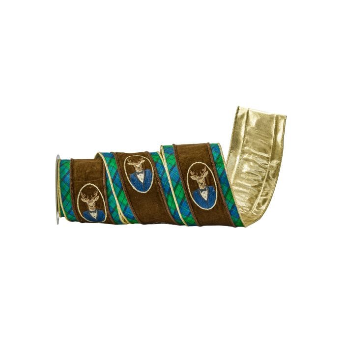 Wired decorative ribbon with embroidered deer bust medallions, brown velvet center, plaid trim, and gold metallic edge