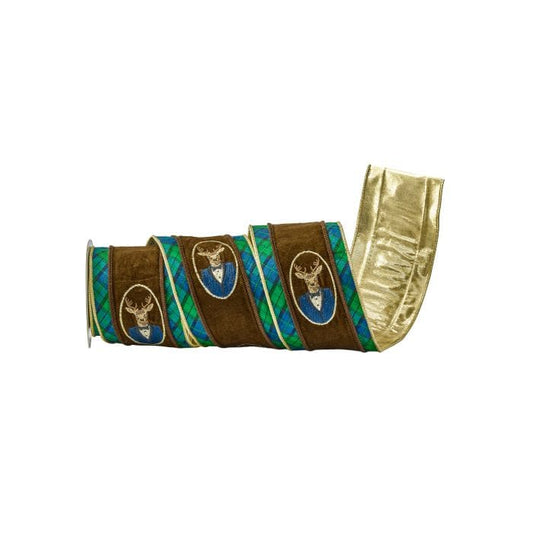 Wired decorative ribbon with embroidered deer bust medallions, brown velvet center, plaid trim, and gold metallic edge