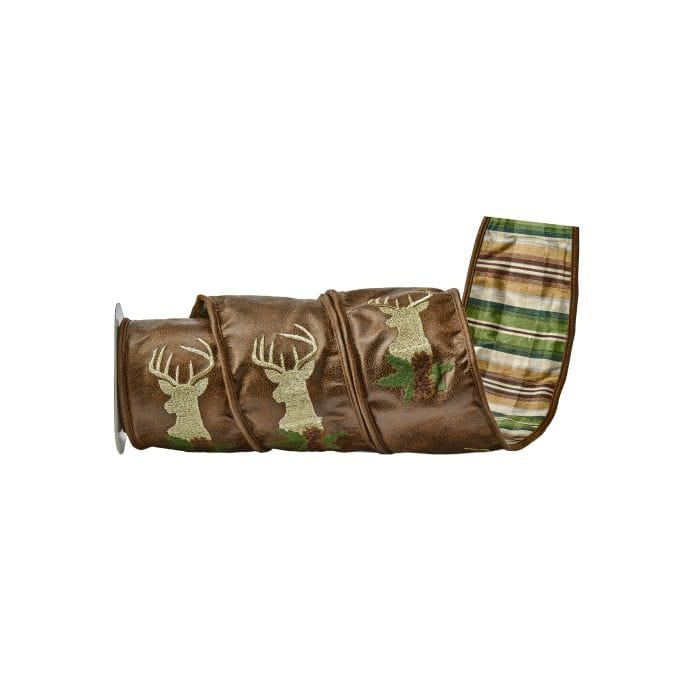 Rolled decorative ribbon with embroidered stag heads on brown faux leather, plaid reverse side