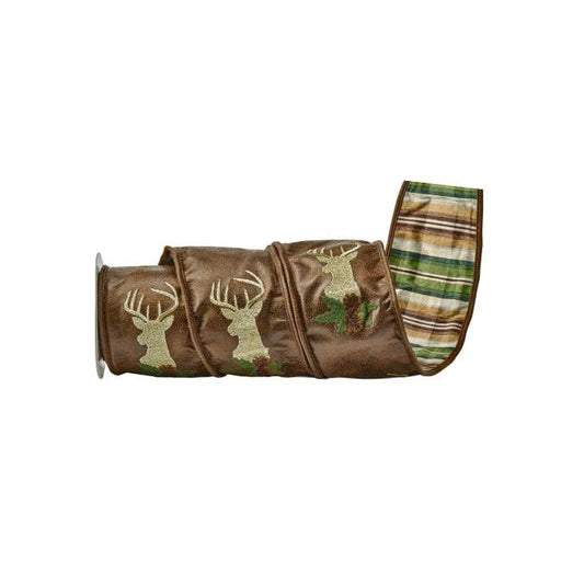 Rolled decorative ribbon with embroidered stag heads on brown faux leather, plaid reverse side