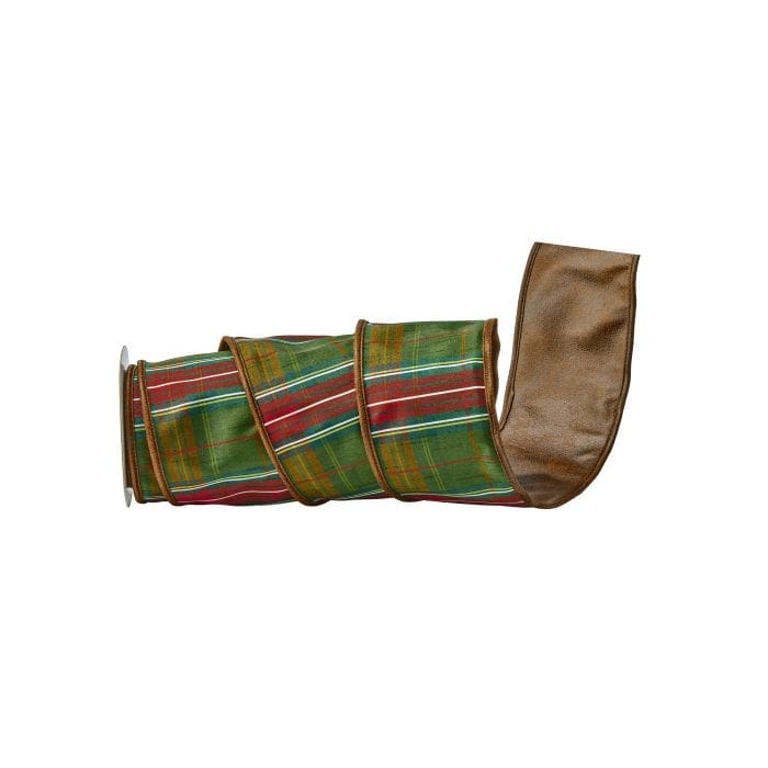 Wired ribbon roll with holiday plaid pattern and faux leather backing, side view