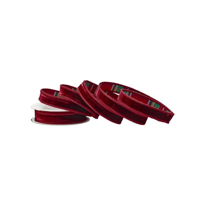 Spools of dark red velvet ribbon with colorful plaid backing, shown from front and side angles