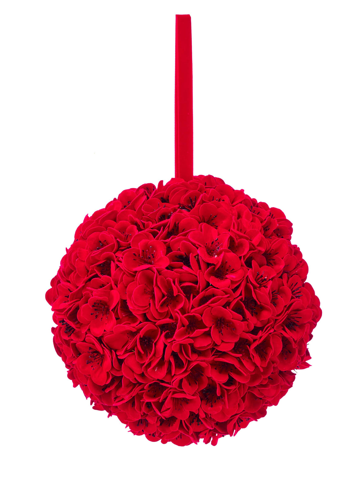 Spherical kissing ball densely covered in red cherry blossom flowers with a red ribbon handle