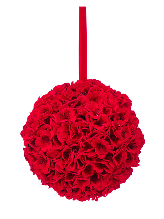 Spherical kissing ball densely covered in red cherry blossom flowers with a red ribbon handle