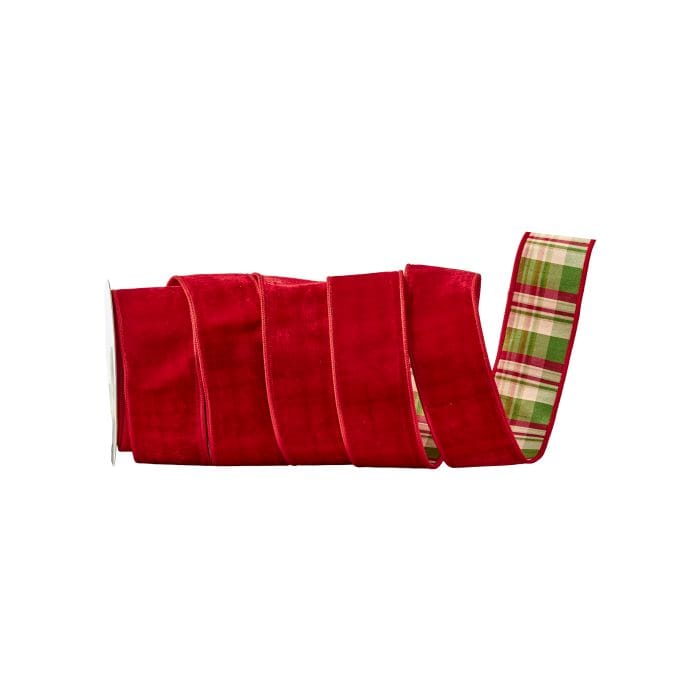 Red velvet wired ribbon folded in loops, reversing to green and pink plaid pattern