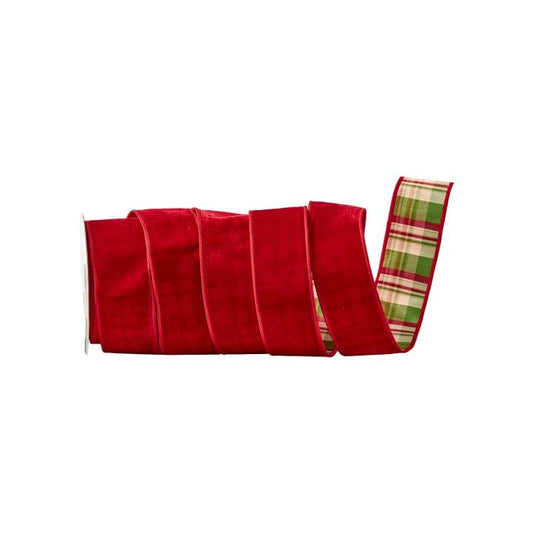 Red velvet wired ribbon folded in loops, reversing to green and pink plaid pattern