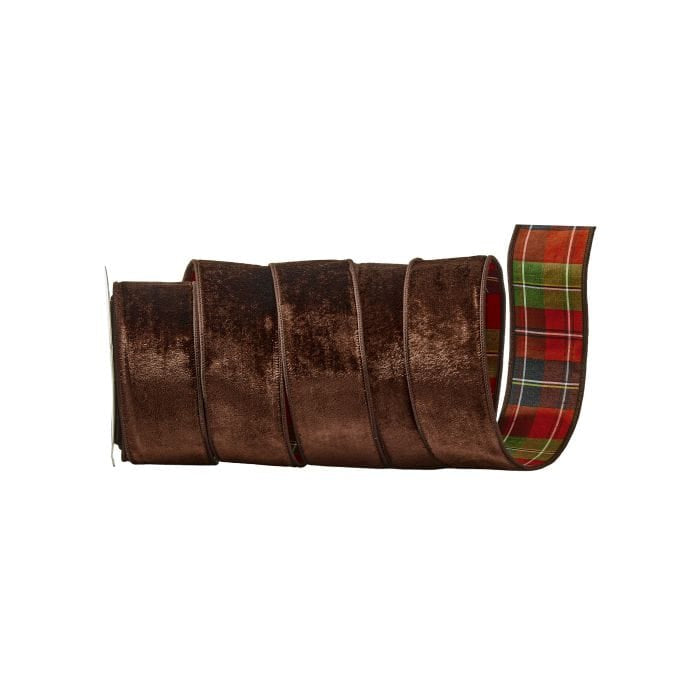 Roll of double-sided ribbon with brown velvet front and colorful plaid reverse, unrolled to show both sides