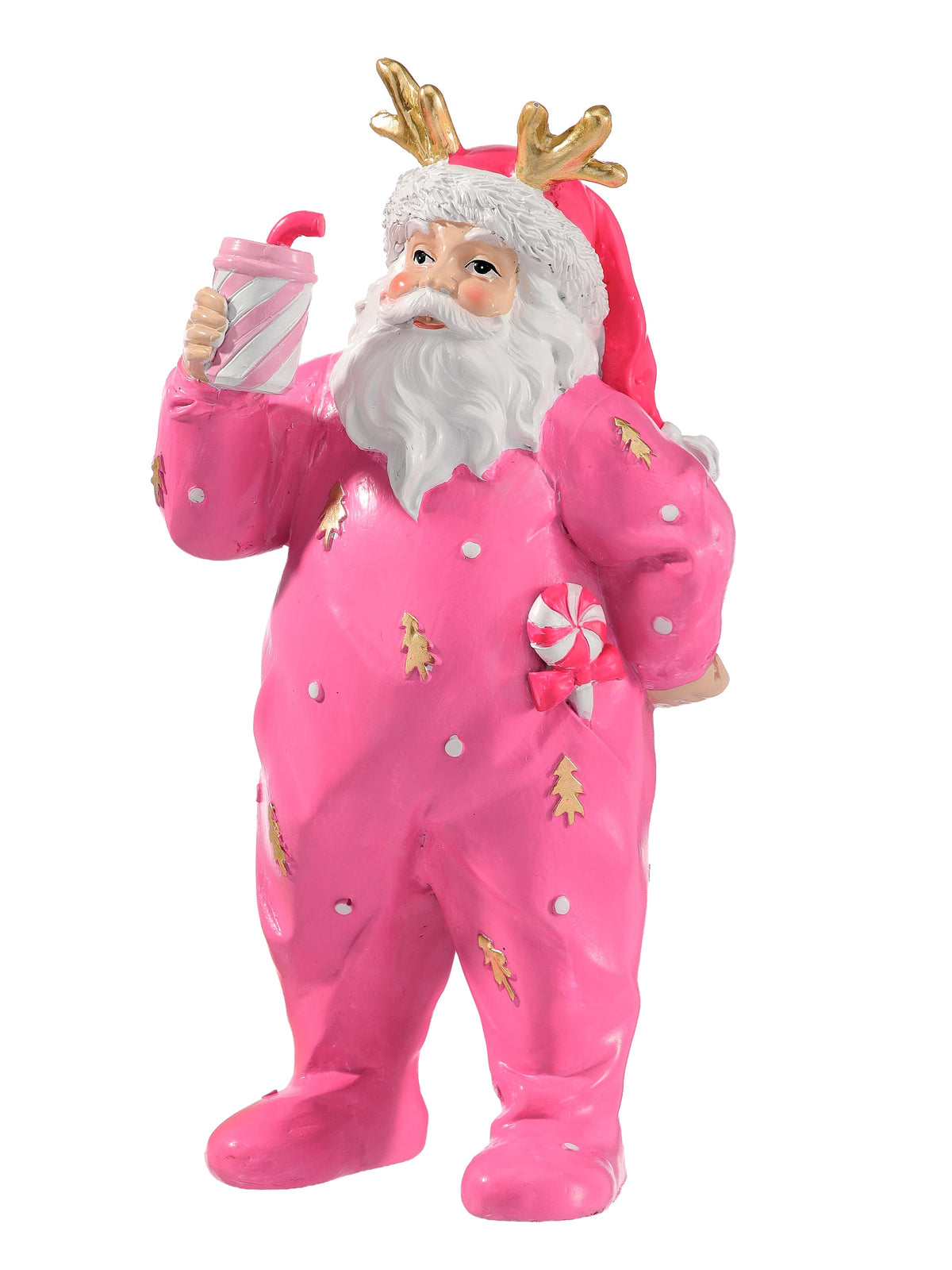 Resin Santa figurine in pink polka-dot pajamas holding a striped cup, with gold antlers