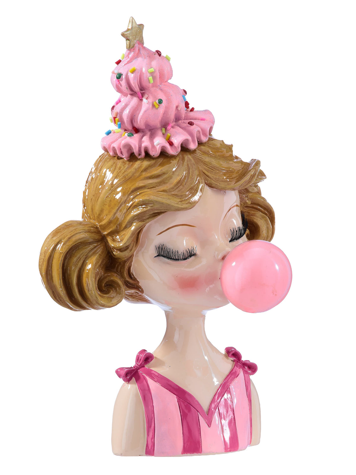 Resin girl bust figurine blowing pink bubble gum, wearing cupcake hat with sprinkles
