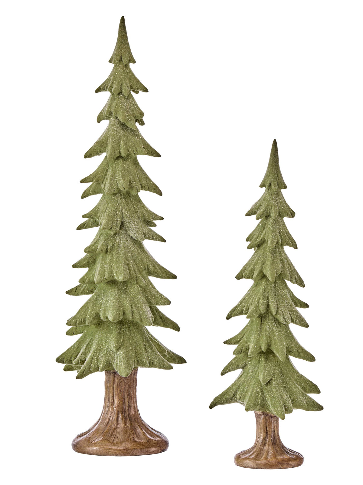 Set of two resin flocked green pine tree figurines with brown trunks, large and small sizes