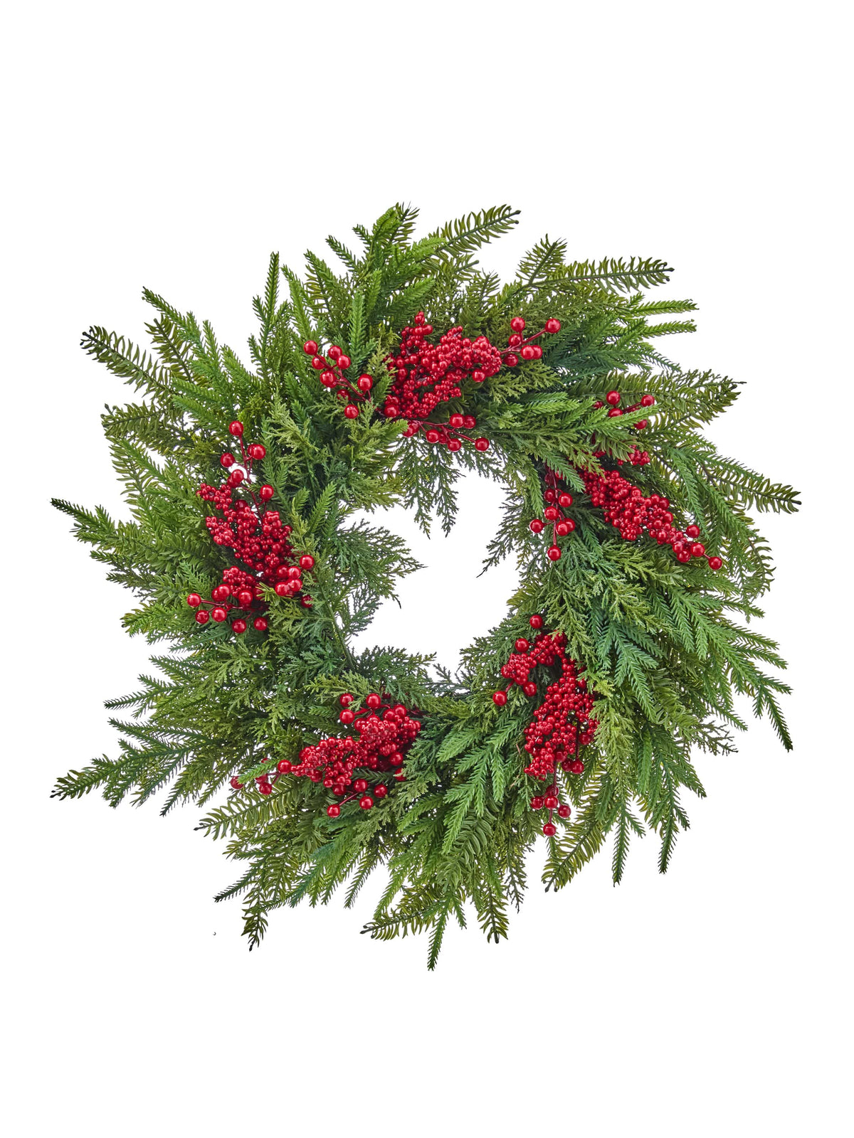 Round holiday wreath with mixed evergreen foliage and clusters of red berries, top view