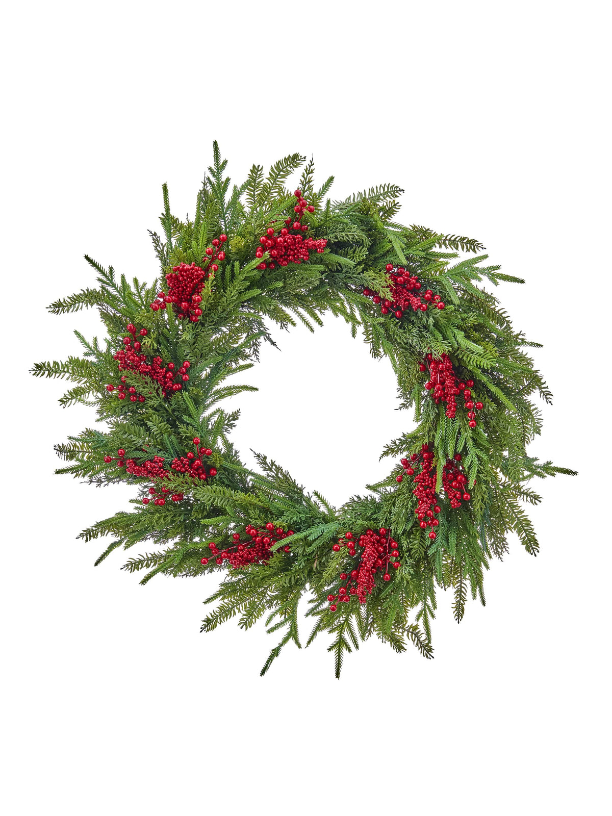 Round holiday wreath with mixed evergreen foliage and clusters of red berries, front view