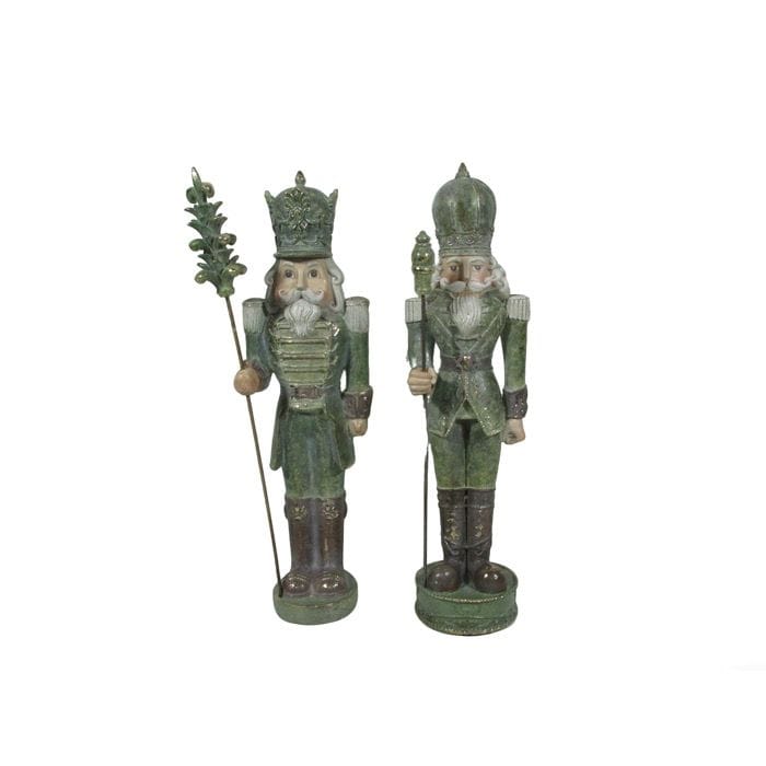 Two antique-style green resin nutcracker figurines with crowns, staffs, and decorative military uniforms