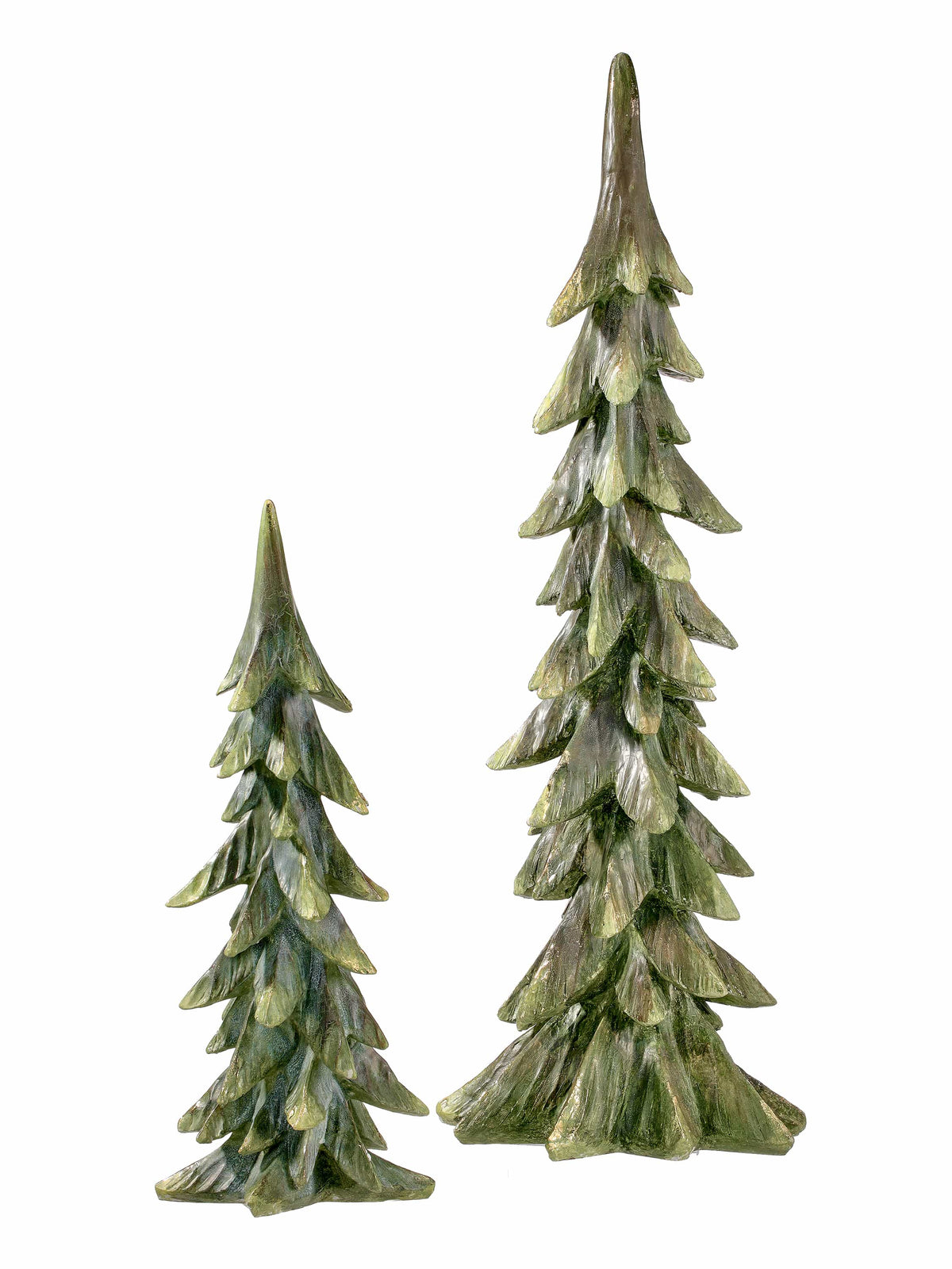 Set of two resin evergreen tree figurines in graduated sizes with layered branch details