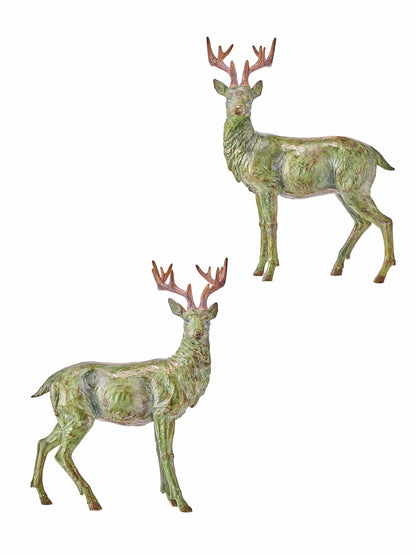 Pair of standing resin deer figurines with antlers, antique green patina finish, side view