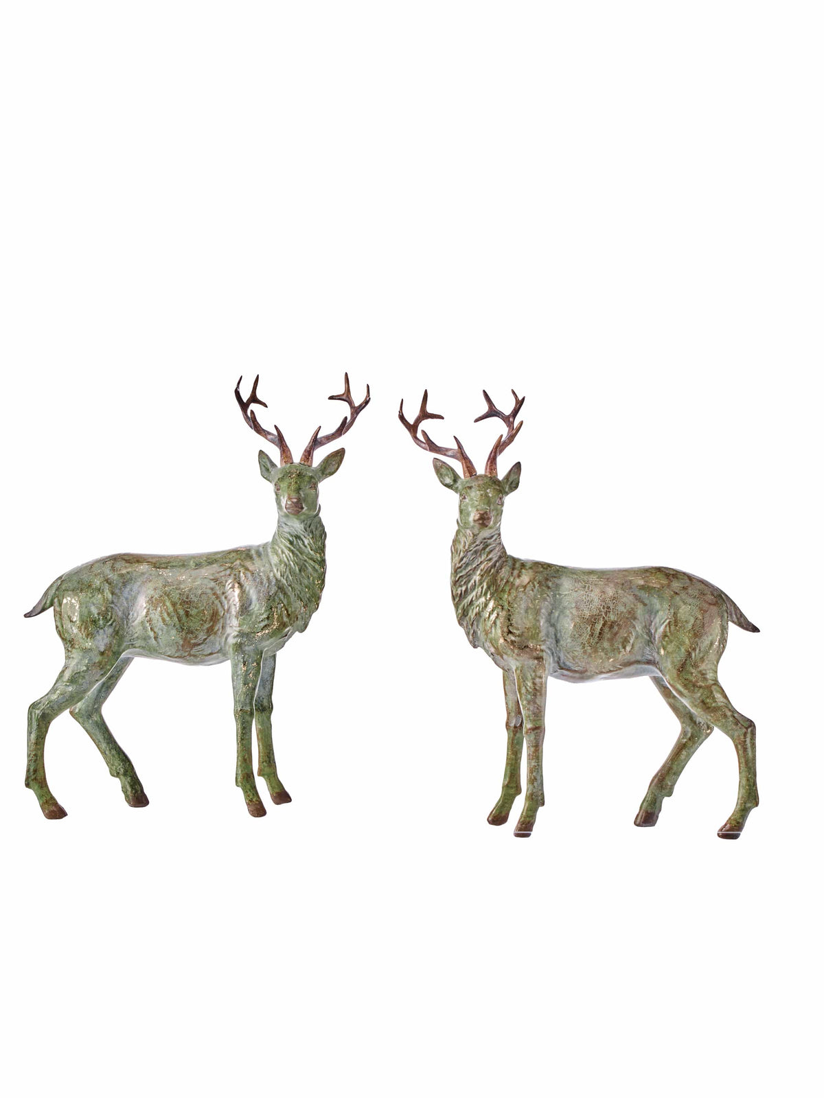Pair of resin antique-finish standing deer figurines with branched antlers, front view