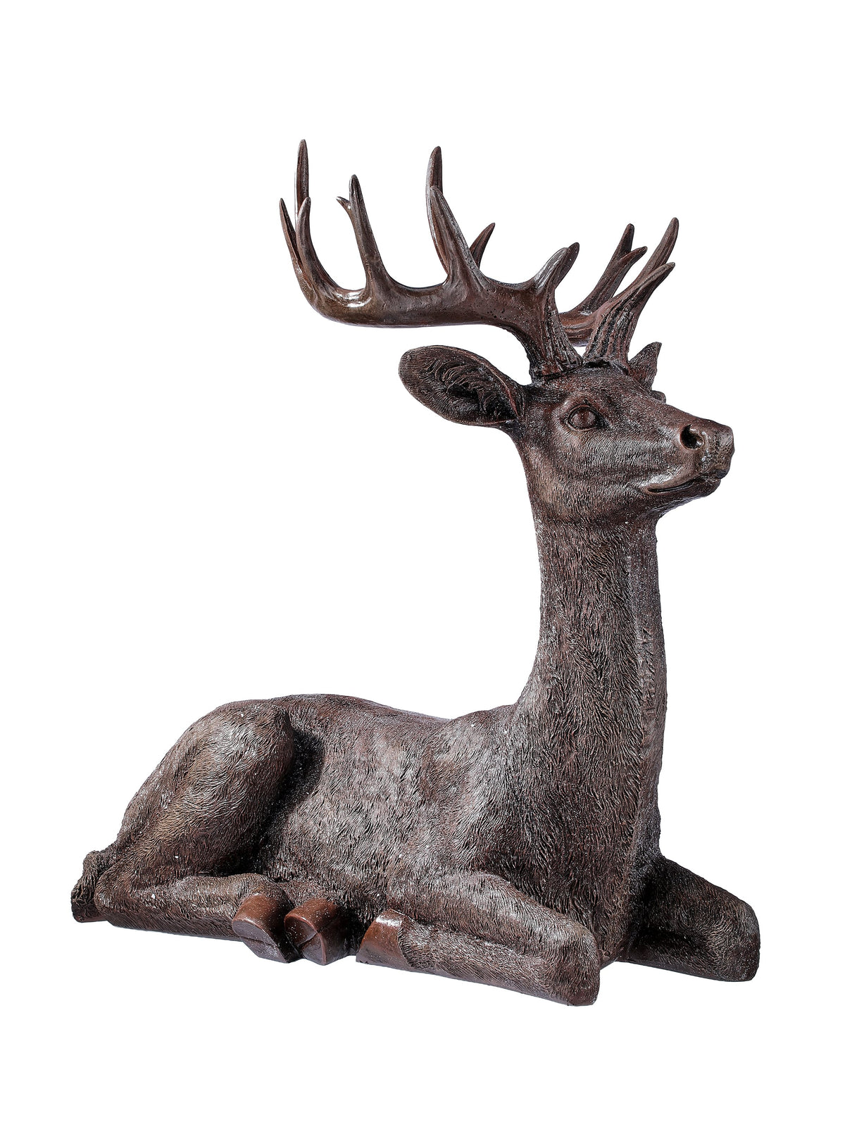 Resin sculpture of a laying stag deer with large antlers, in a resting pose, side view
