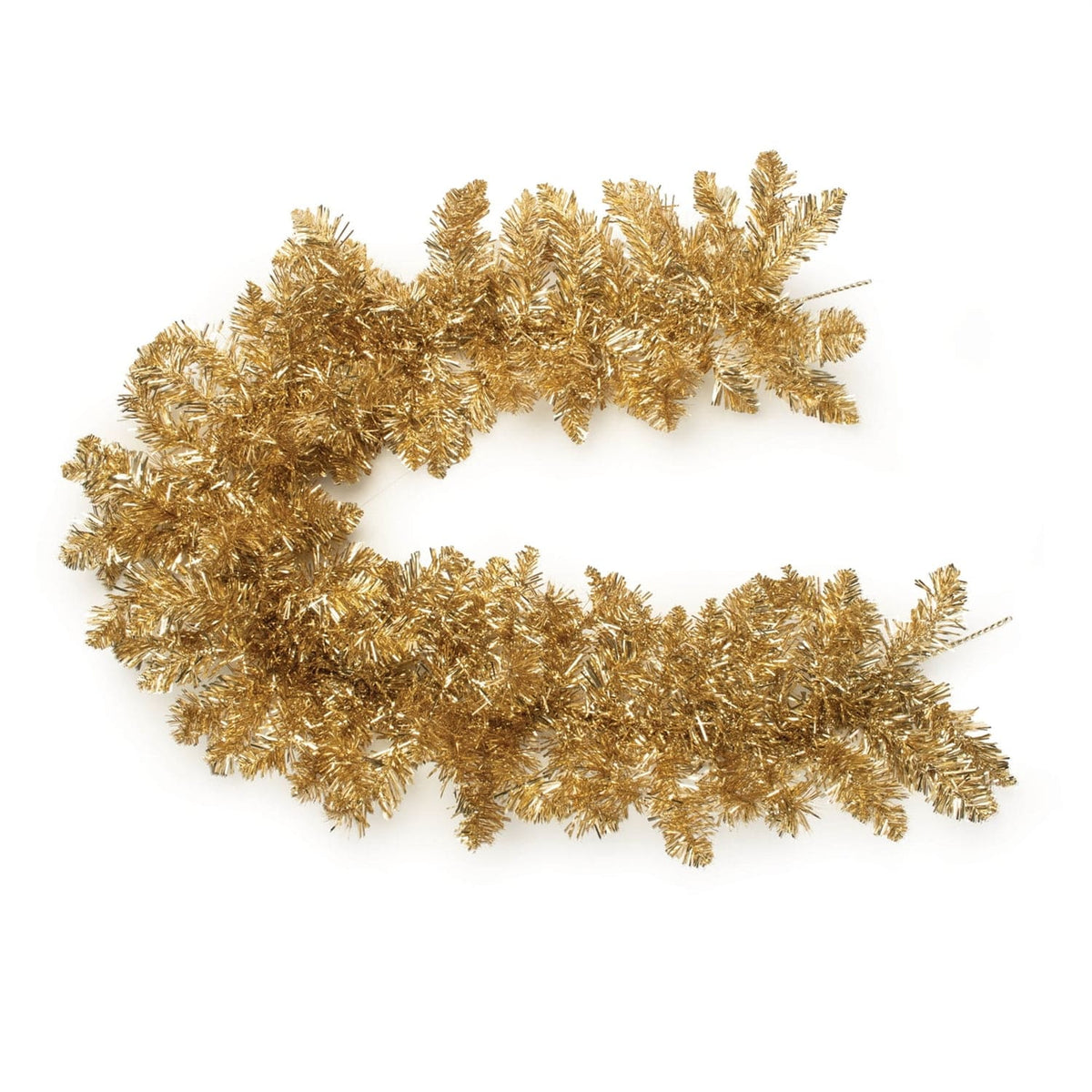 Metallic gold pine garland coiled in a curved shape with realistic branch tips