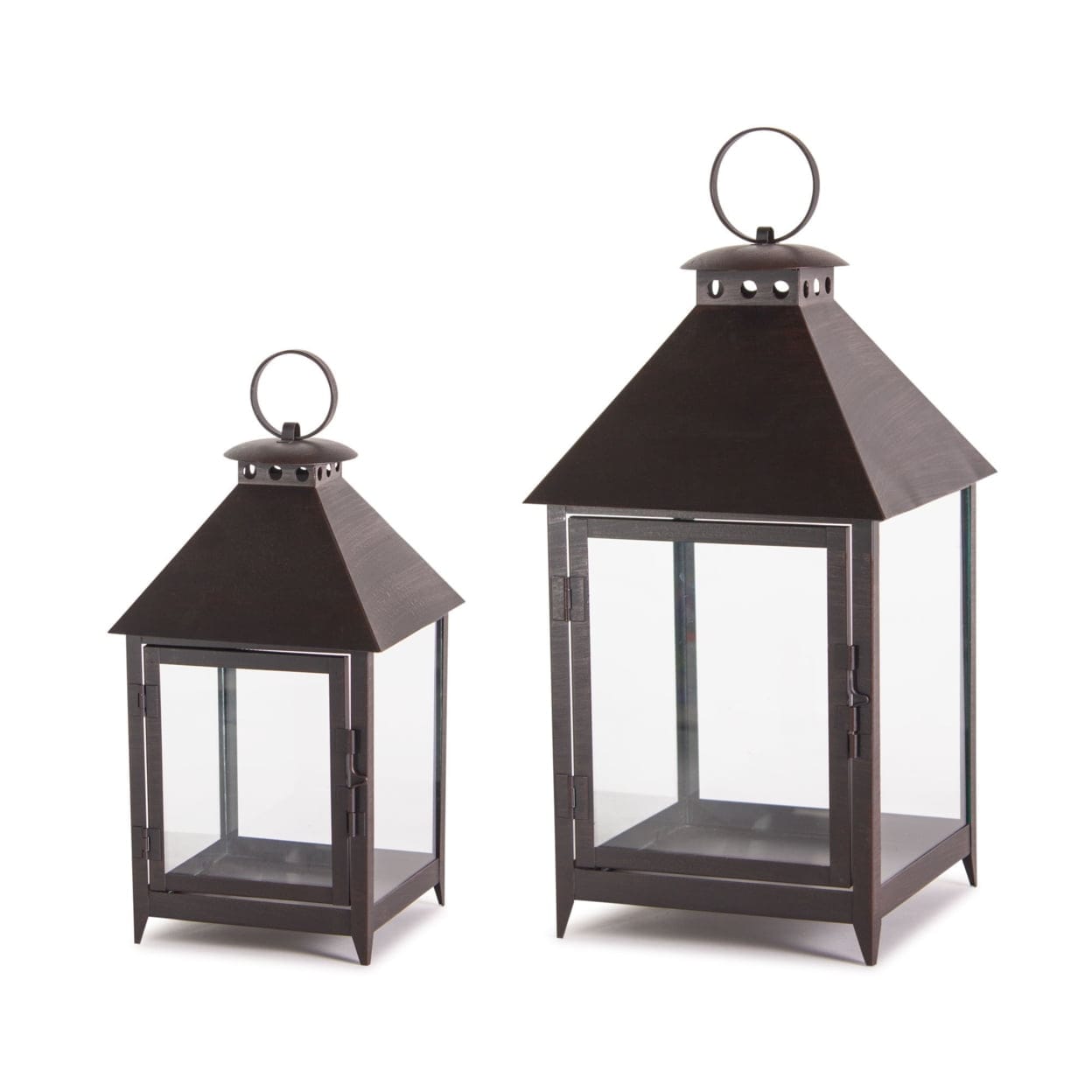 Two dark metal lanterns with glass panels and ring handles, small and large sizes, front view