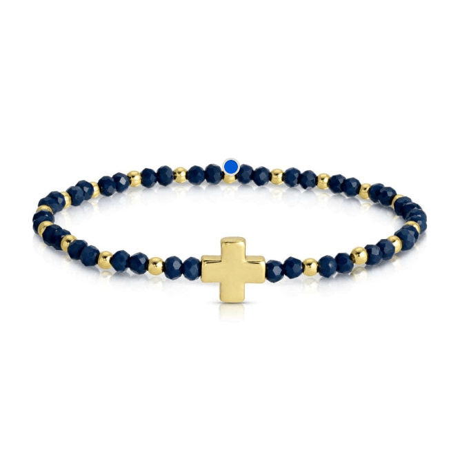 Navy blue crystal stretch bracelet with gold beads and gold cross charm