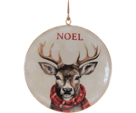 Round disc ornament featuring a deer with antlers wearing a red plaid scarf and 'NOEL' text