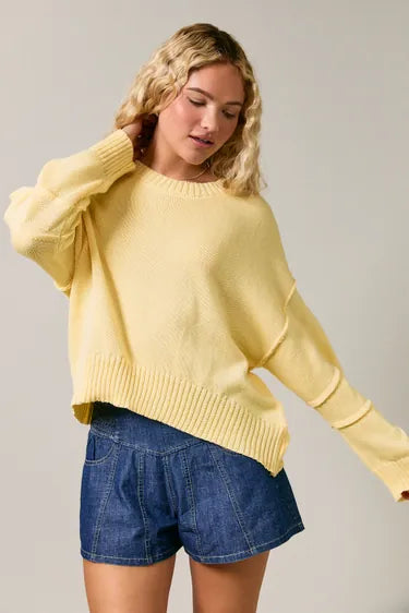 Round Neckline Sweater Top with Pleated Sleeve