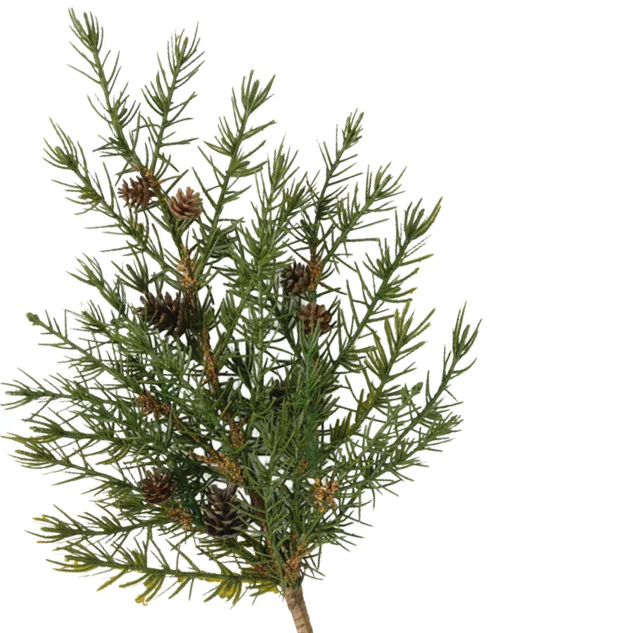 Faux cedar pick with green needle branches and small brown pinecones
