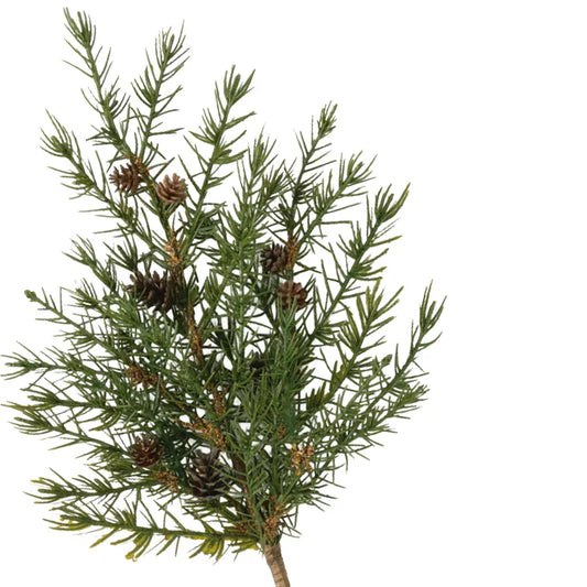 Faux cedar pick with green needle branches and small brown pinecones